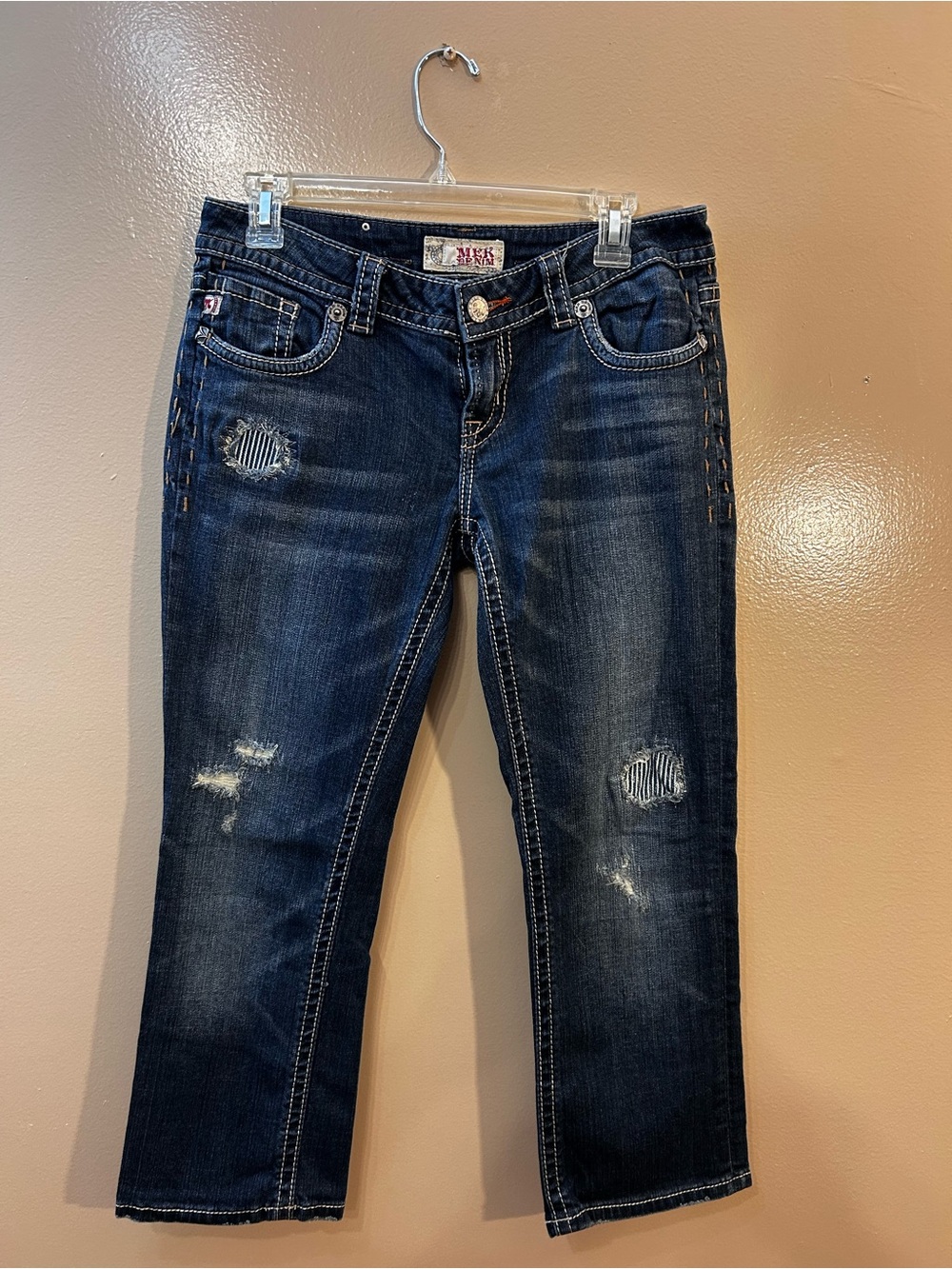 Mek Denim Women's Dark Blue Distressed Cropped Jeans